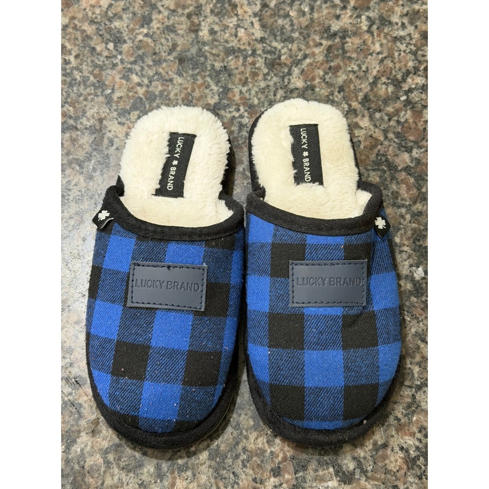 Lucky Brand Kids Blue Buffalo Plaid Faux Fur Lined Scuff Slippers Size 13-1 Y